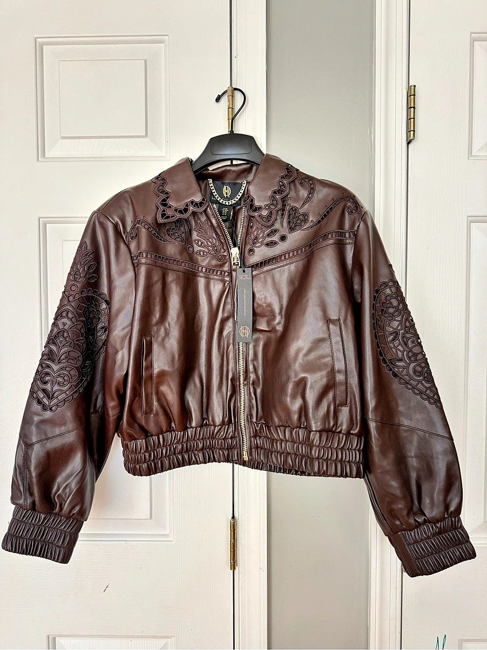 House Of Harlow 1960 Embroidered Cropped Jacket in Brown Size M NWT